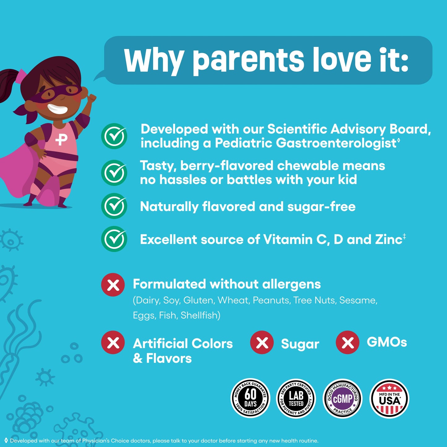 Physician's CHOICE Probiotics for Kids - 7 Diverse Strains, Organic Prebiotics, Vitamins & Minerals - Clinically Studied L. Rhamnosus GG - Immune & Digestive Support - No Sugar or Artificial Dyes
