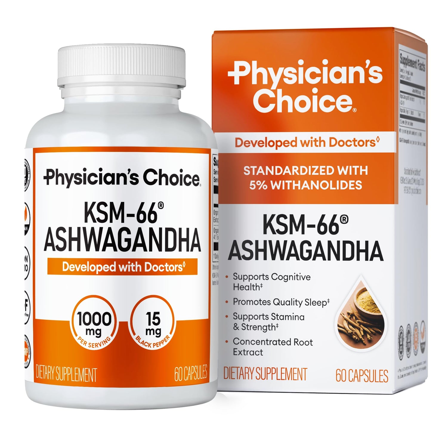 Physicians Choice KSM-66 Ashwagandha 1000mg – Organic, Black Pepper, 60 Vegan Capsules | Stress & Mood Support