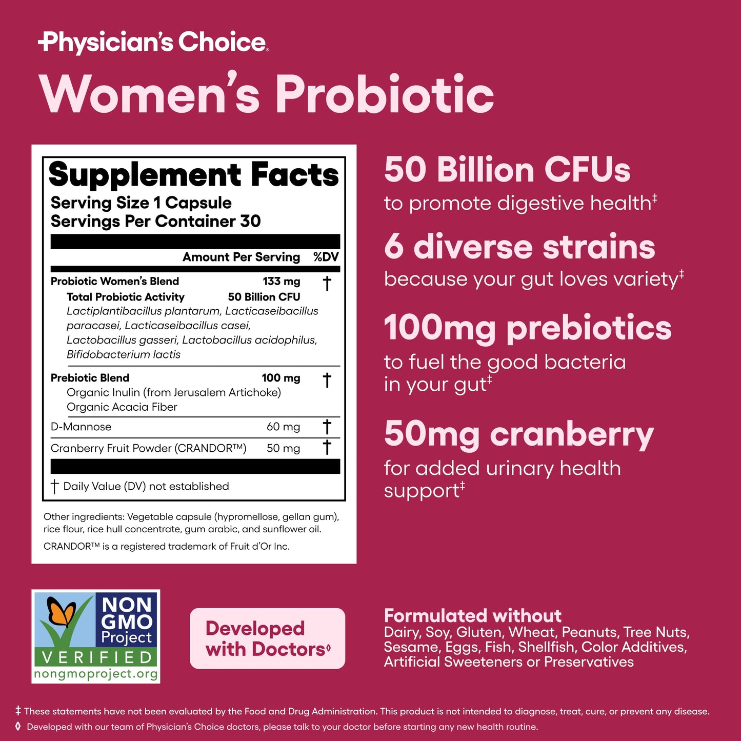 Physician's CHOICE Probiotics for Women - 50 Billion CFU, 6 Strains, Organic Prebiotics - UT & Digestive Health - 30 Count