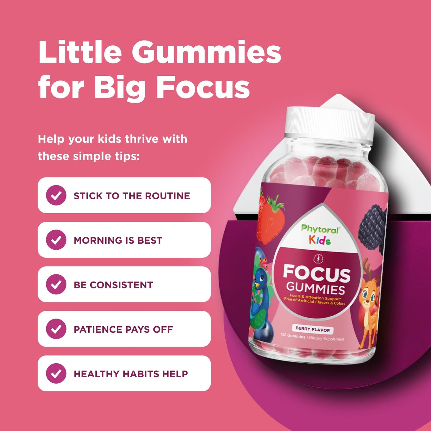 Phytoral Vegan Kids Focus Gummies – Brain Support for Children (120 Count) - Non-GMO & Gluten-Free