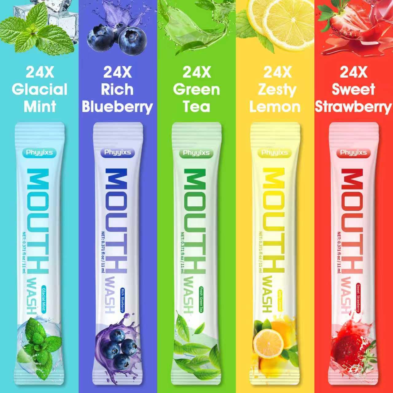 Phyyixs Mouthwash Travel Pack - 120 Pack, 5 Flavors, Alcohol-Free & Fluoride-Free