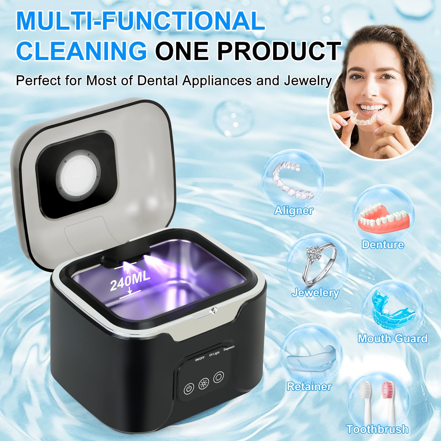 PIGETALE Ultrasonic Retainer Cleaner – 48kHz Denture Cleaner, 240ml, 3 Modes, Digital Timer