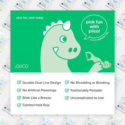 Piico No Flavor Kids Floss Picks - No Fluoride Dual-Line - 150 Dino Homebox