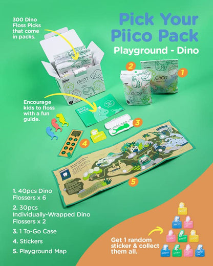 Piico Unflavored Kids Floss Picks - No Fluoride Twin-Line Dental Flossers | 300 Dino Playground & Travel Case