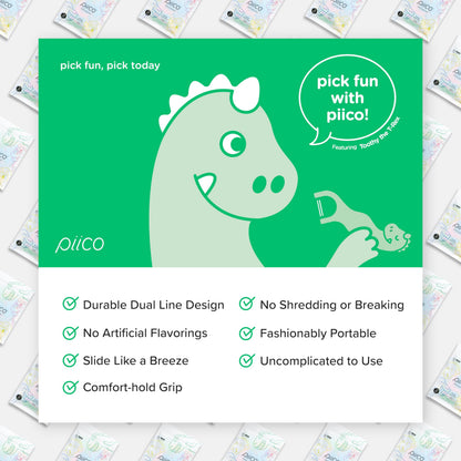 Piico Unflavored Kids Floss Picks - No Fluoride Dual Line, 80 Count Dino