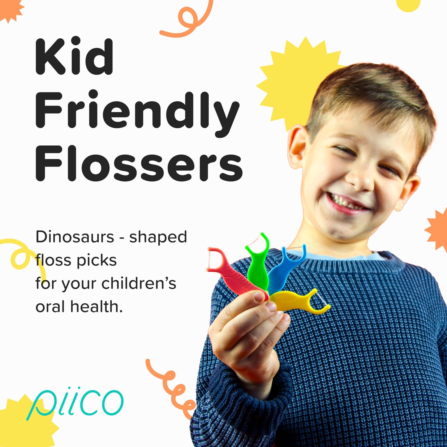 Piico Unflavored Kids Floss Picks - No Fluoride Dual Line, 80 Count Dino