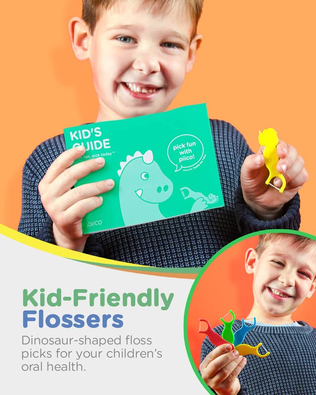 Piico Unflavored Kids Floss Picks - No Fluoride Twin-Line Dental Flossers | 300 Dino Playground & Travel Case