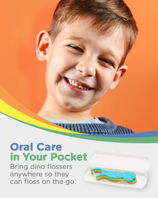 Piico Unflavored Kids Floss Picks - No Fluoride Twin-Line Dental Flossers | 300 Dino Playground & Travel Case