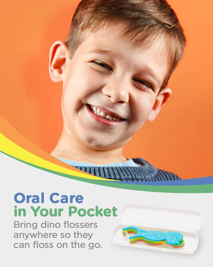 Piico Unflavored Kids Floss Picks - No Fluoride Twin-Line Dental Flossers | 300 Dino Playground & Travel Case