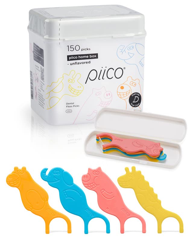 Piico Unflavored Kids Floss Picks – No Fluoride, Dual Line, 150 in Zoo Travel Case