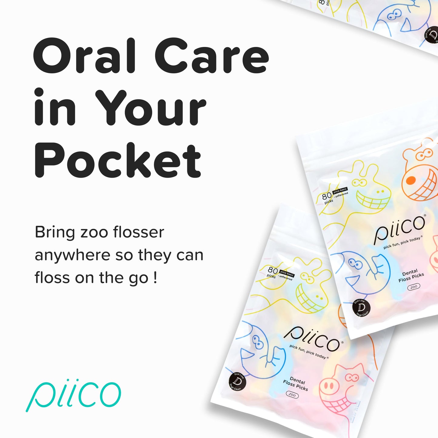 Piico Unflavored Kids Floss Picks – No Fluoride, Dual Line, 150 in Zoo Travel Case
