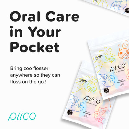 Piico Unflavored Kids Floss Picks – No Fluoride, Dual Line, 150 in Zoo Travel Case