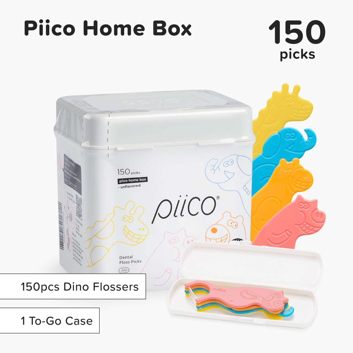Piico Unflavored Kids Floss Picks – No Fluoride, Dual Line, 150 in Zoo Travel Case