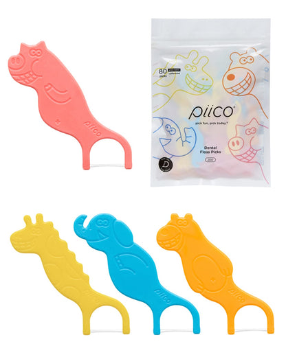 Piico Unflavored Kids Floss Picks – 80 Count Zoo Dual-Line Fluoride-Free