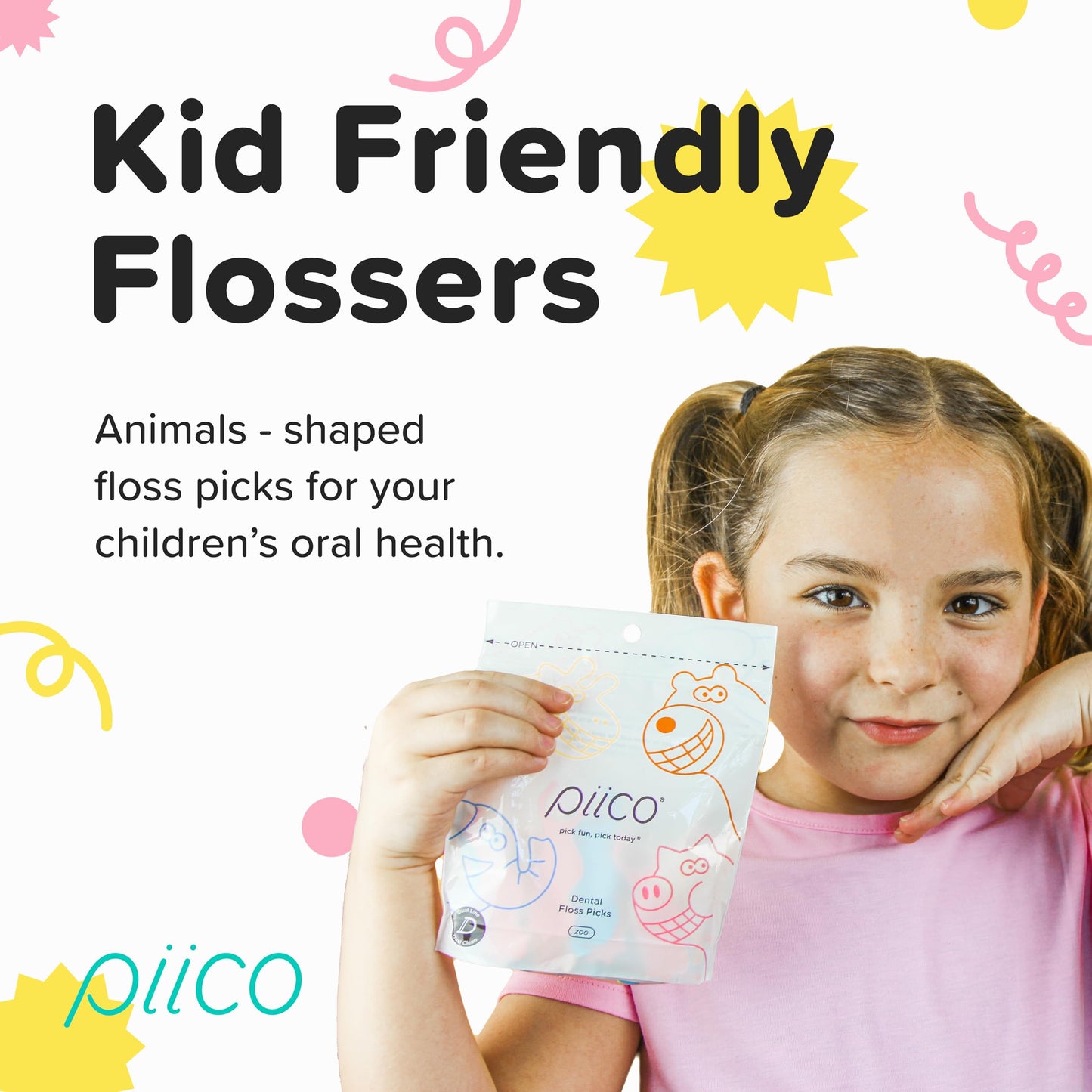 Piico Unflavored Kids Floss Picks – 80 Count Zoo Dual-Line Fluoride-Free