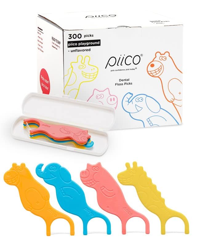 Piico Unflavored Kids Floss – No Fluoride Dual-Line Dental Picks | 300 Dino Playground Case