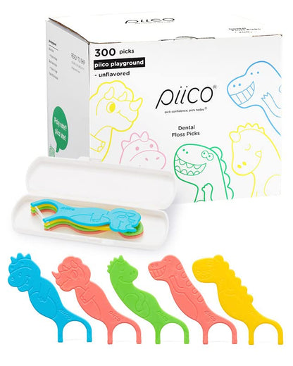 Piico Unflavored Kids Floss Picks - No Fluoride Twin-Line Dental Flossers | 300 Dino Playground & Travel Case