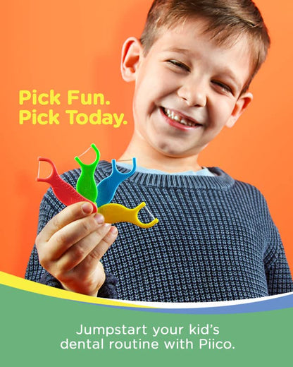 Piico Unflavored Kids Floss Picks - No Fluoride Twin-Line Dental Flossers | 300 Dino Playground & Travel Case