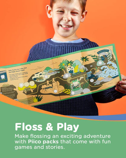 Piico Unflavored Kids Floss Picks - No Fluoride Twin-Line Dental Flossers | 300 Dino Playground & Travel Case