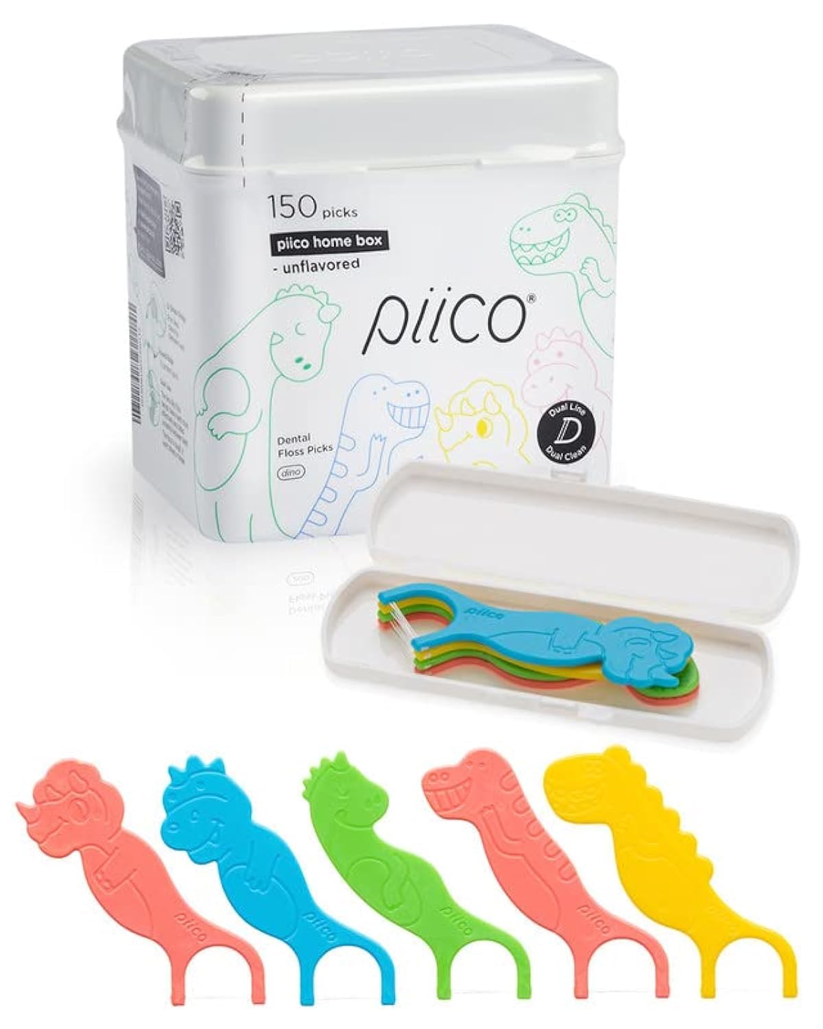 Piico No Flavor Kids Floss Picks - No Fluoride Dual-Line - 150 Dino Homebox