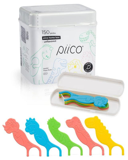 Piico No Flavor Kids Floss Picks - No Fluoride Dual-Line - 150 Dino Homebox
