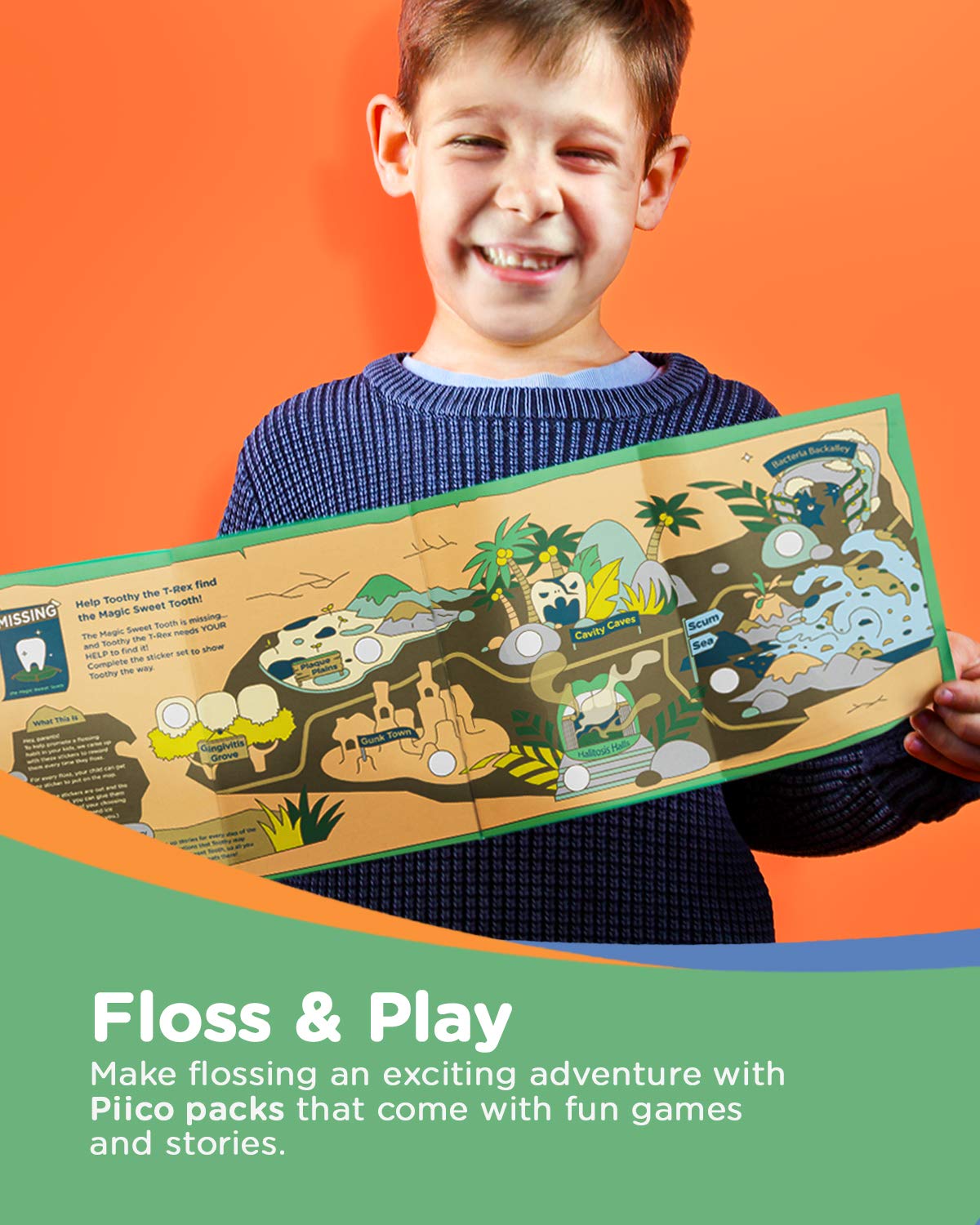 Piico Unflavored Kids Floss Picks - No Fluoride Twin-Line Dental Flossers | 300 Dino Playground & Travel Case
