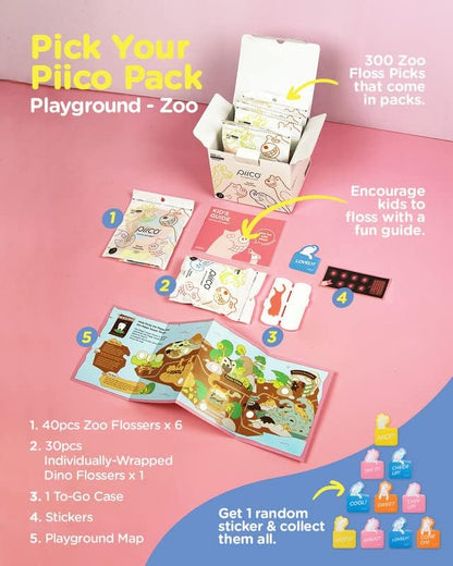 Piico Unflavored Kids Floss – No Fluoride Dual-Line Dental Picks | 300 Dino Playground Case