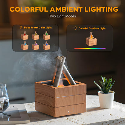 PiKaPiKaP Campfire Flame Diffuser – 280ml Wood Grain, Auto Shut-Off, Remote