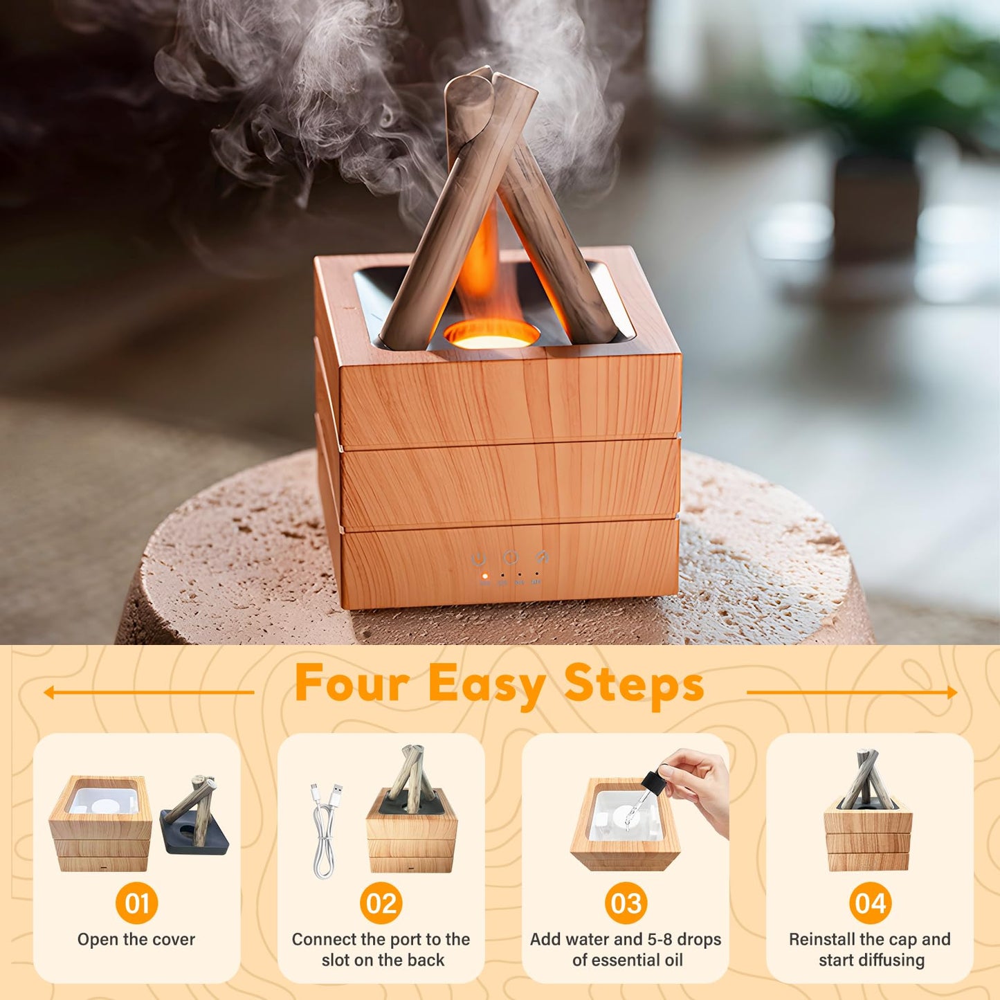 PiKaPiKaP Campfire Flame Diffuser – 280ml Wood Grain, Auto Shut-Off, Remote