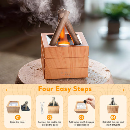 PiKaPiKaP Campfire Flame Diffuser – 280ml Wood Grain, Auto Shut-Off, Remote