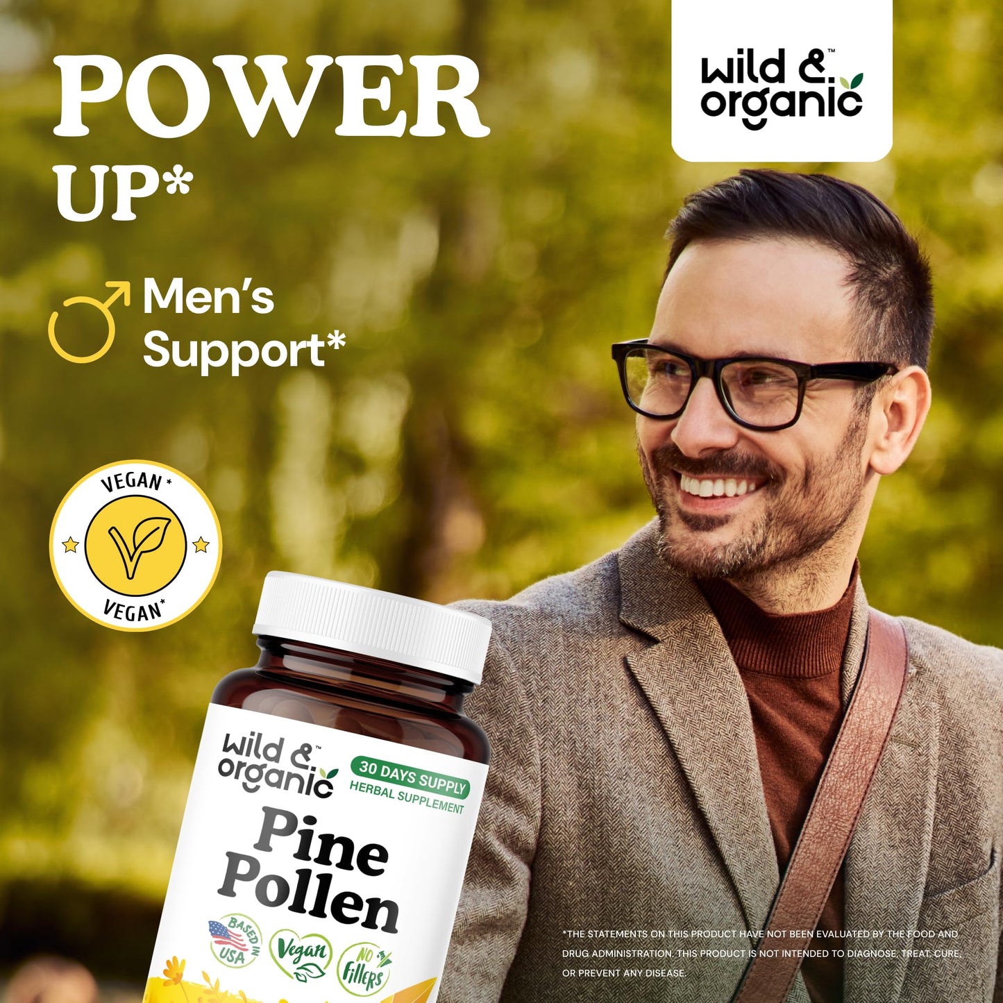 Wild & Organic Pine Pollen for Men Capsules 1000 mg - 60 Count | Vegan, Non-GMO