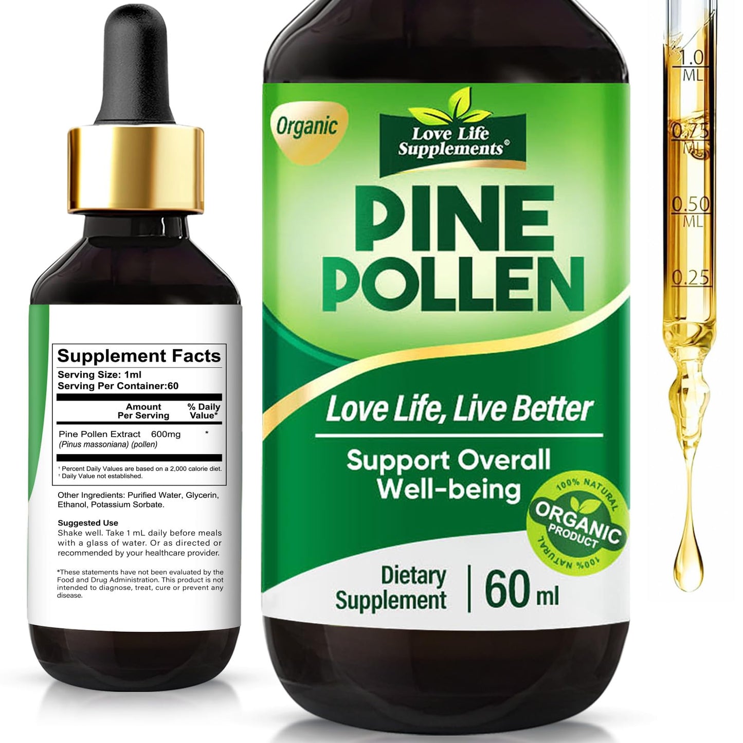Pine Pollen Tincture Drops - Immune & Energy Support | Sugar-Free Vegan 60mL | Love Life Supplements