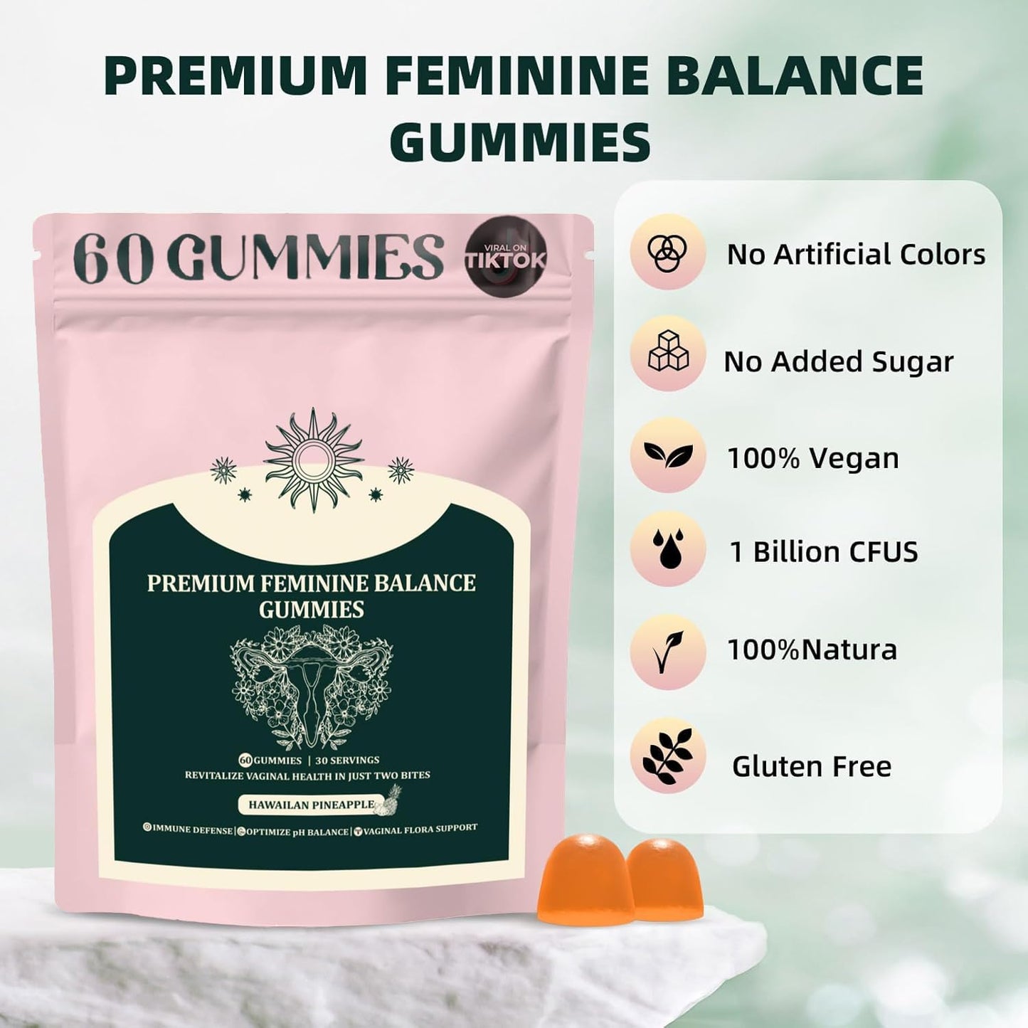 Premium Feminine Balance Gummies for Women | Pineapple Flavor, Gluten-Free, 60 Gummies