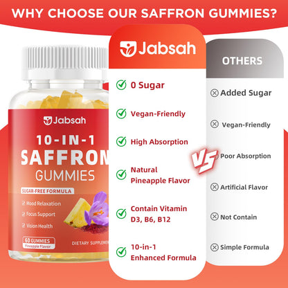 Melatonin-Free Saffron Gummies for Mood & Focus – 60 Count with 88.5 mg Saffron Extract, D3, B6, B12