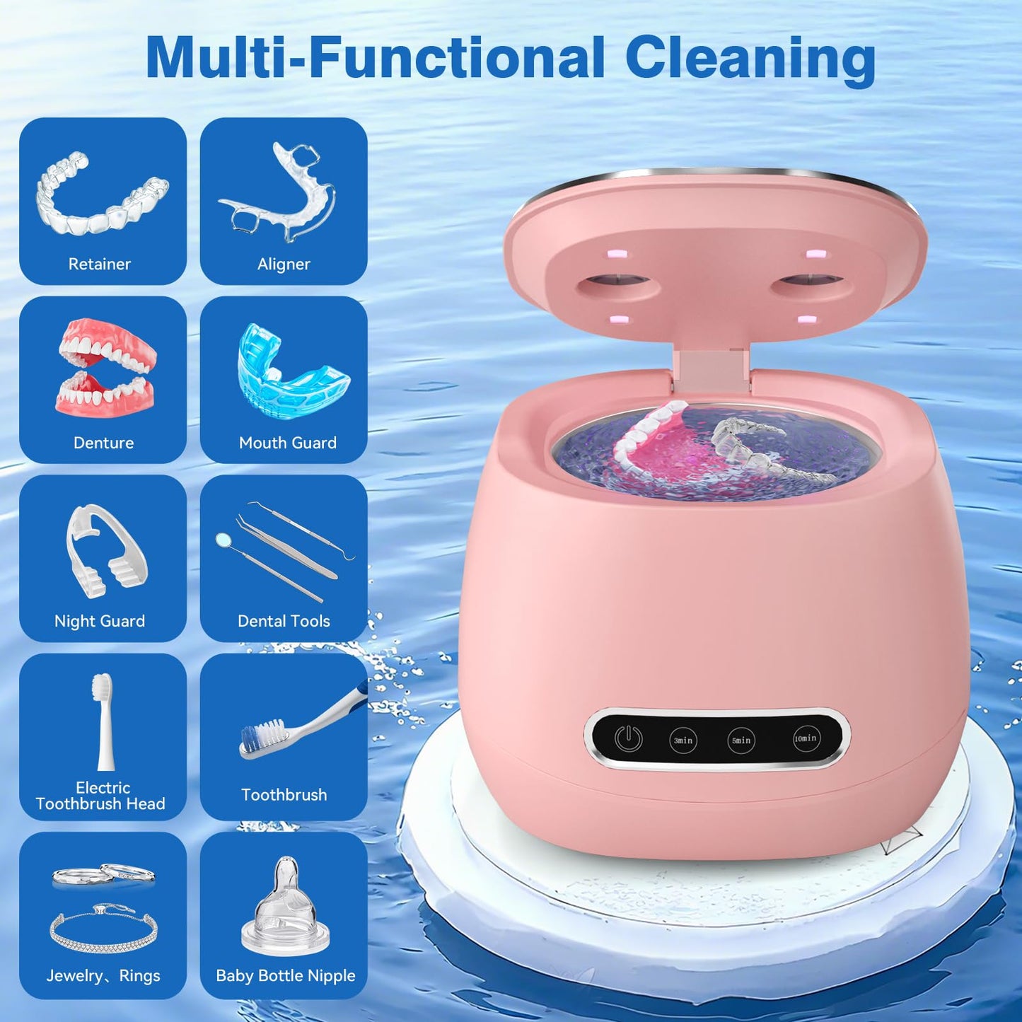 Rechargeable Ultrasonic Retainer Cleaner – 45kHz, 200ml, Portable Pink