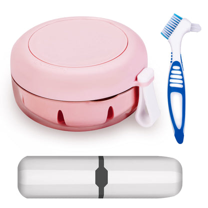 Pink Denture Case with Brush – 100% No-Leak Travel Retainer Box, Mirror & Strainer for Retainer, Mouth Guard, Aligner