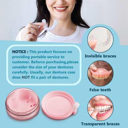 Pink Denture Case with Brush – 100% No-Leak Travel Retainer Box, Mirror & Strainer for Retainer, Mouth Guard, Aligner