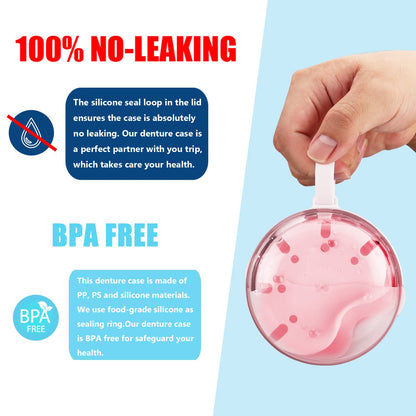 Pink Denture Case with Brush – 100% No-Leak Travel Retainer Box, Mirror & Strainer for Retainer, Mouth Guard, Aligner