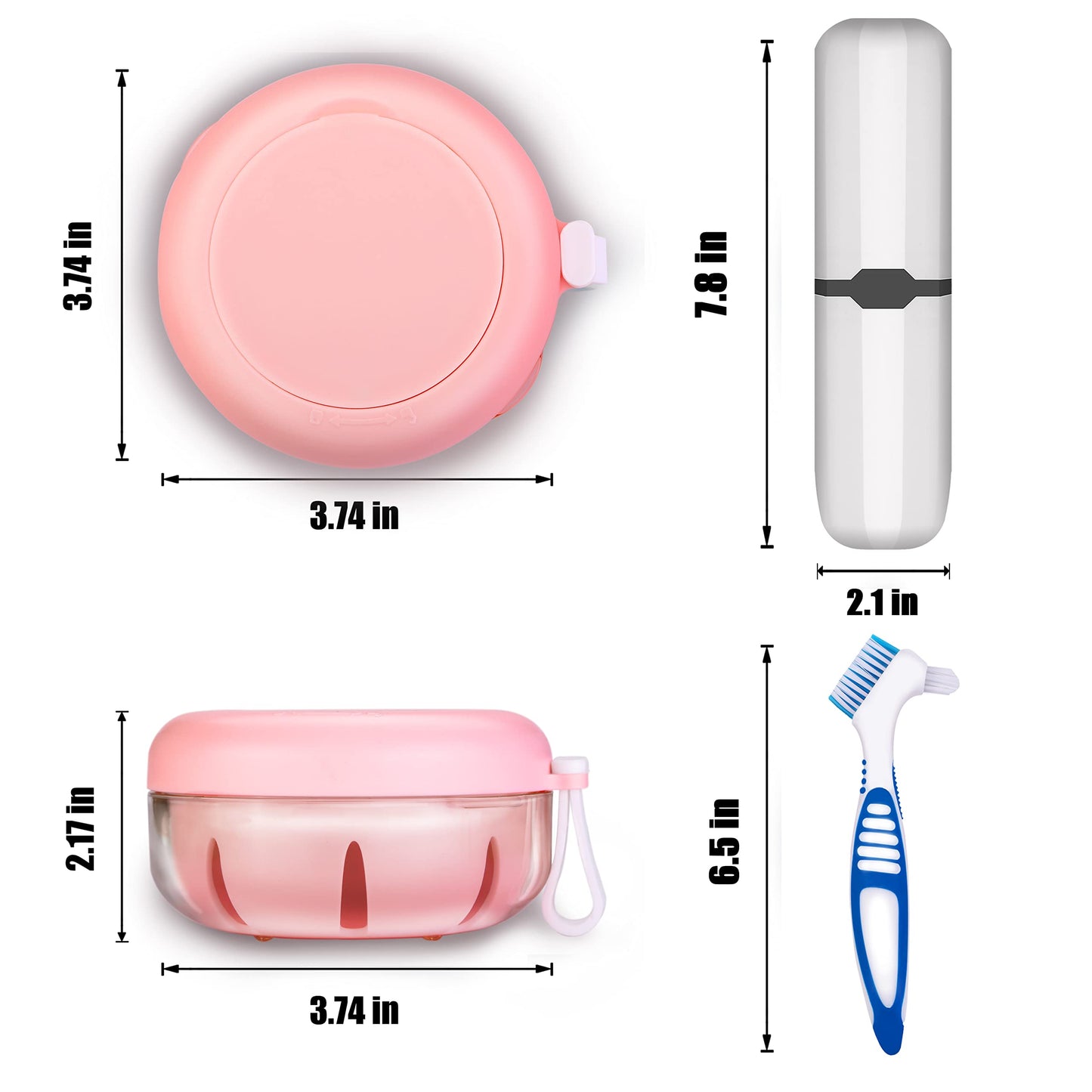 Pink Denture Case with Brush – 100% No-Leak Travel Retainer Box, Mirror & Strainer for Retainer, Mouth Guard, Aligner