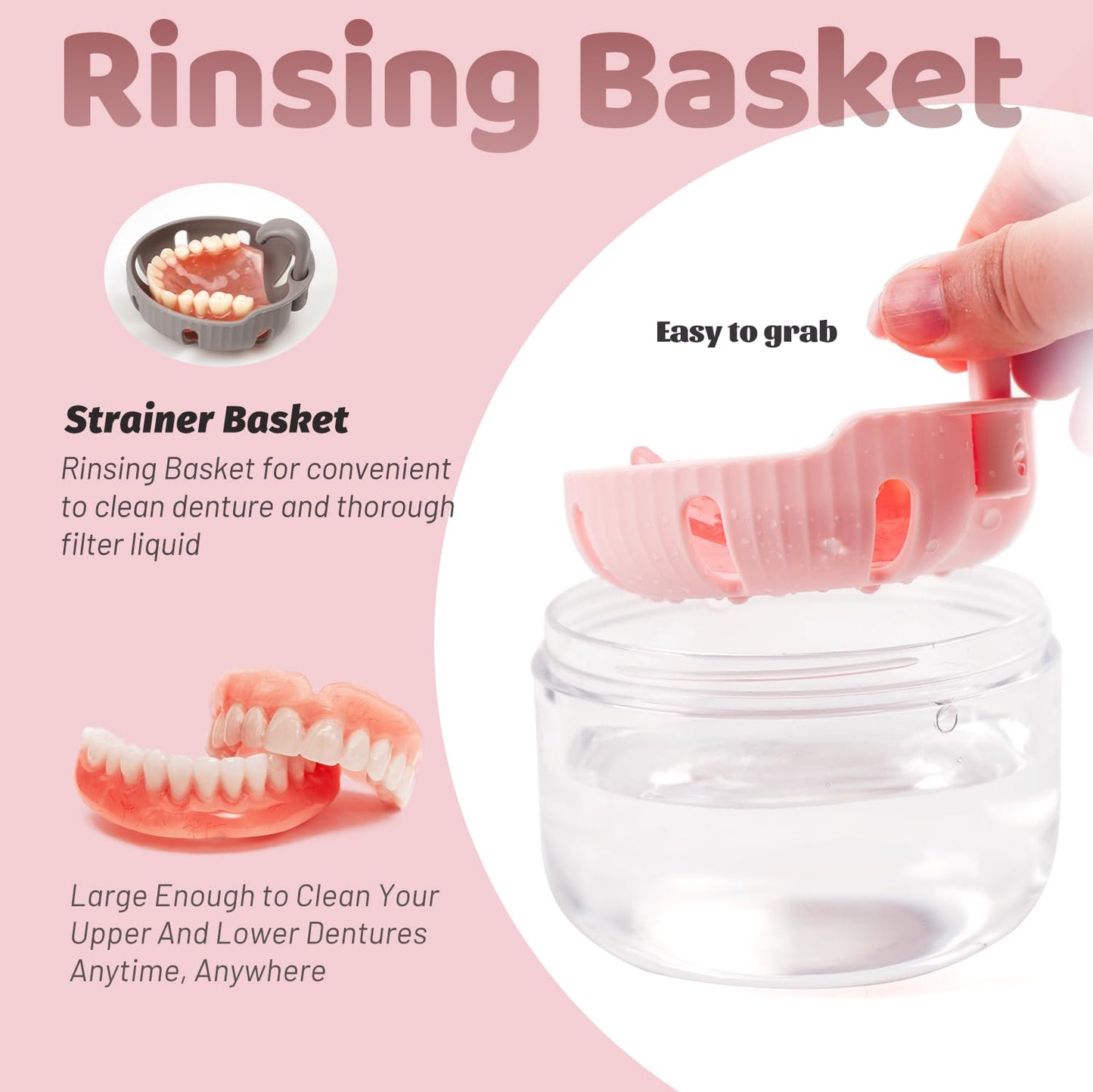 Denture Case - Leak-Proof Travel Bath Cup (Pink) with Mirror, Brush & Aligner Removal Tool
