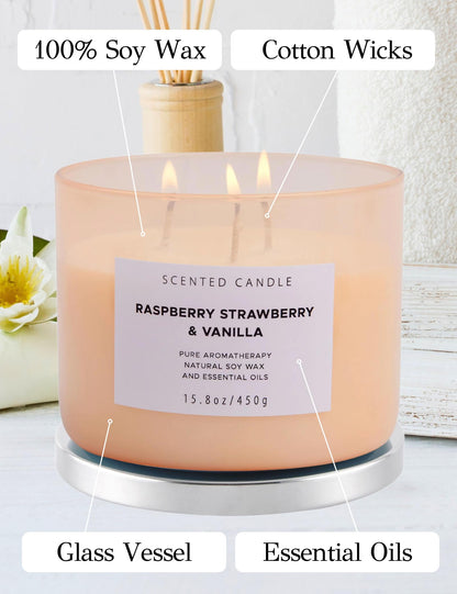 Raspberry Strawberry Vanilla 3-Wick Soy Candle – 15.8 oz | Long-Lasting Aromatherapy with Strong Throw