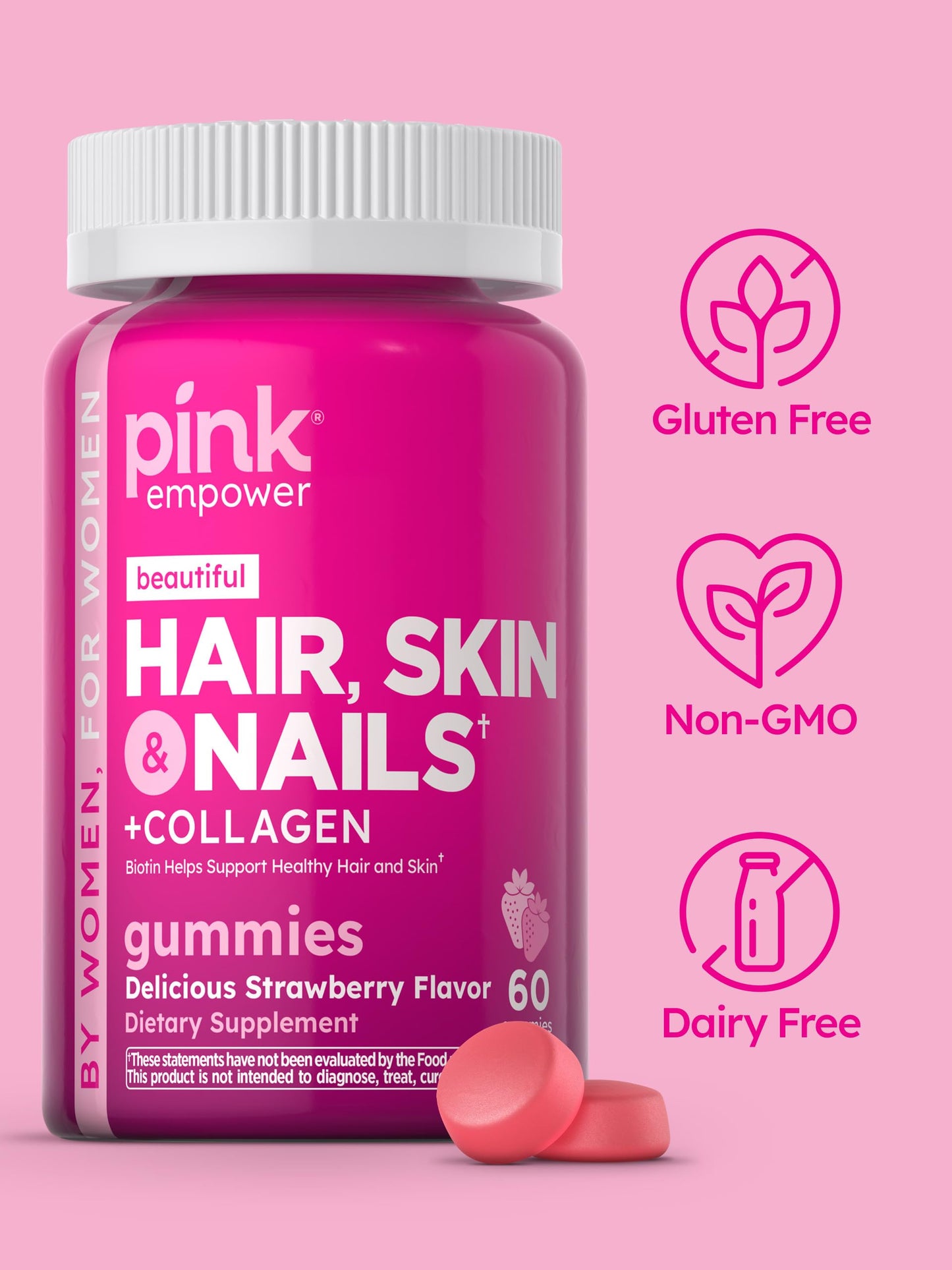 PINK Hair Skin Nails Gummies - 60 Count | Biotin + Collagen | Gluten Free & Non-GMO | Strawberry Flavor
