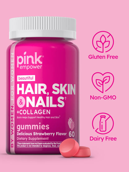 PINK Hair Skin Nails Gummies - 60 Count | Biotin + Collagen | Gluten Free & Non-GMO | Strawberry Flavor