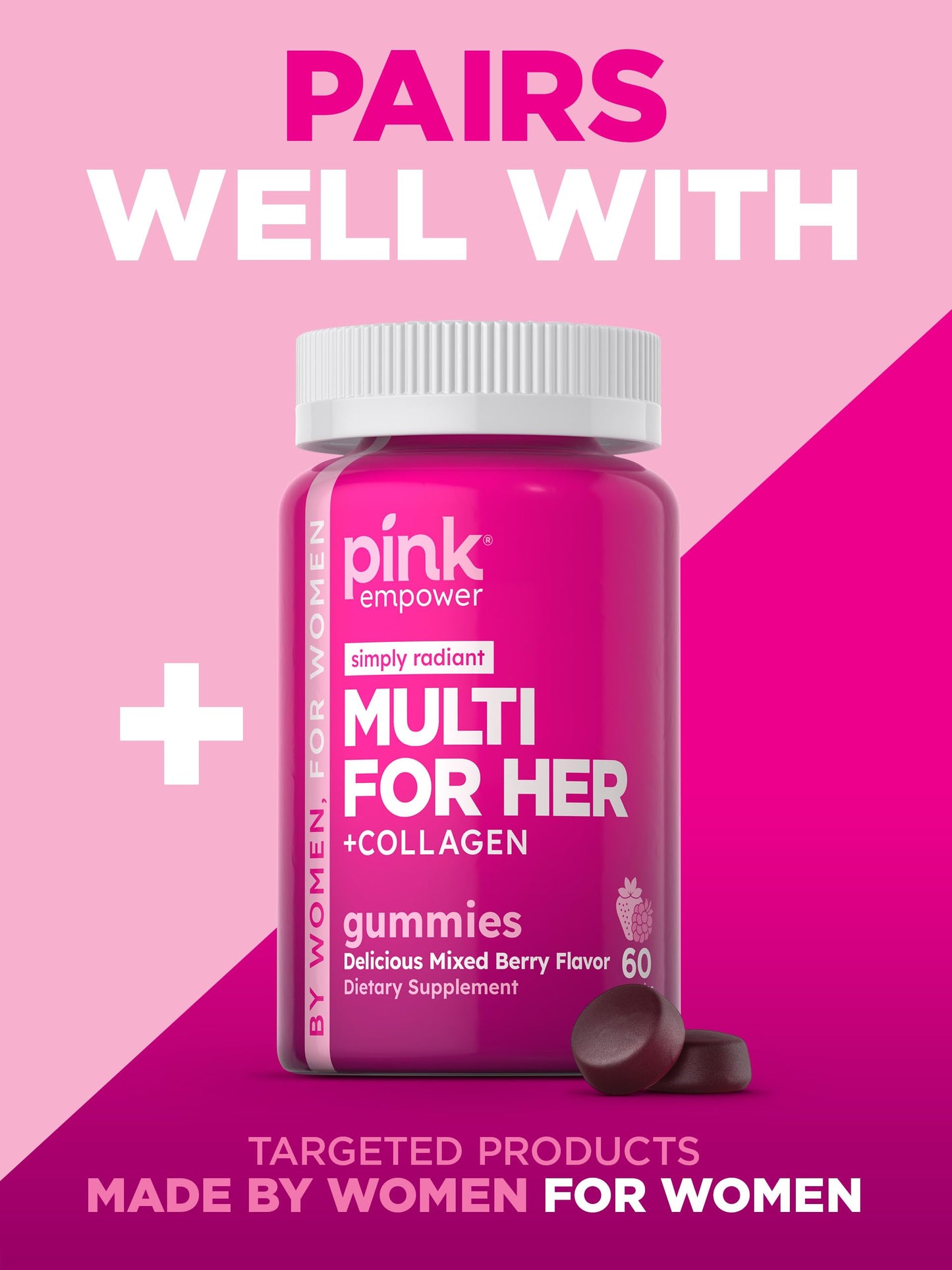 PINK Hair Skin Nails Gummies - 60 Count | Biotin + Collagen | Gluten Free & Non-GMO | Strawberry Flavor