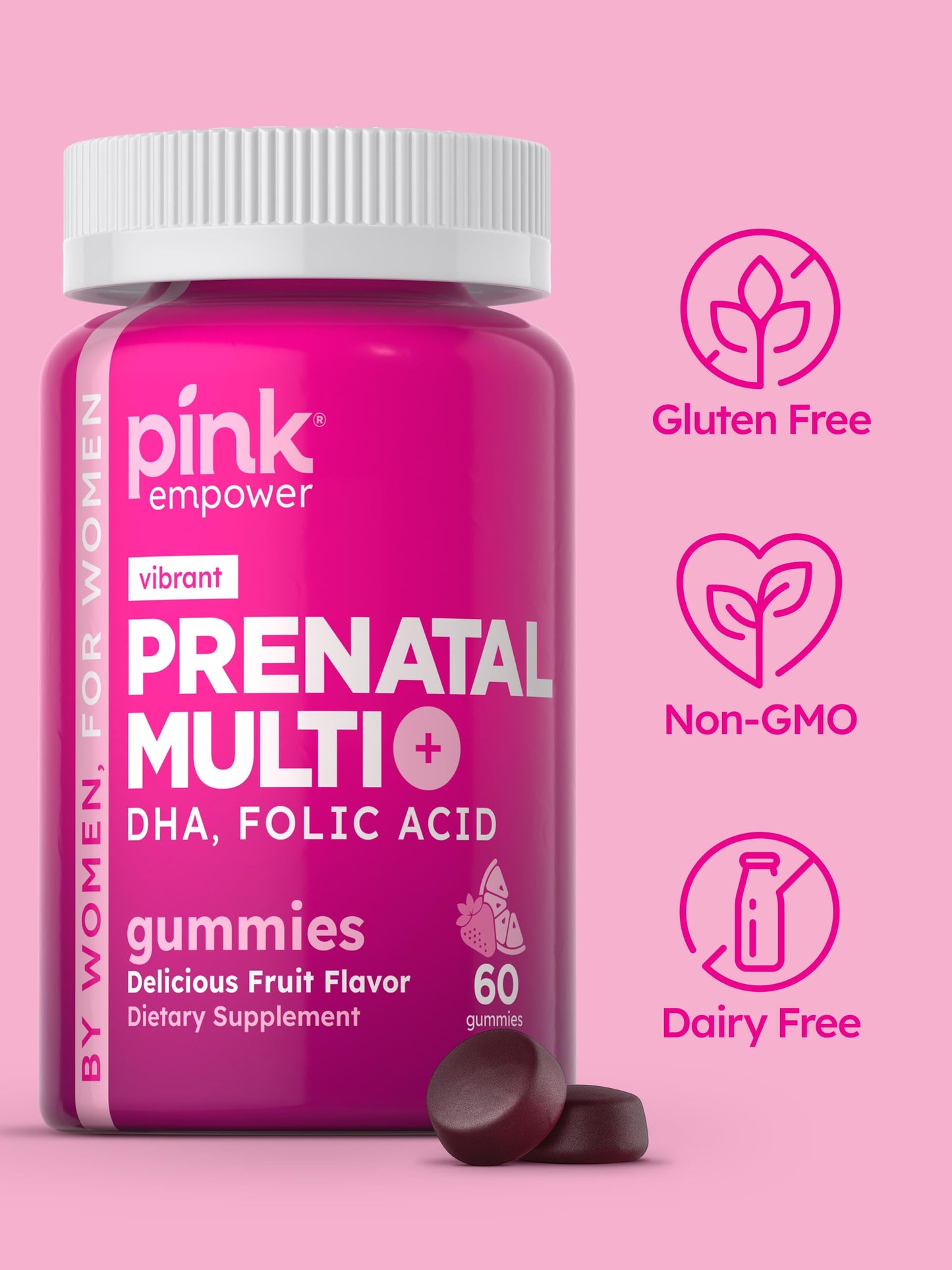 PINK Prenatal Vitamins – 60 Gummies with DHA, Folic Acid | Non-GMO & Gluten Free | Fruit Flavor