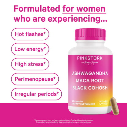 Pink Stork Ashwagandha, Maca Root & Black Cohosh — Perimenopause Hormone Balance Supplement for Women | 60 Capsules