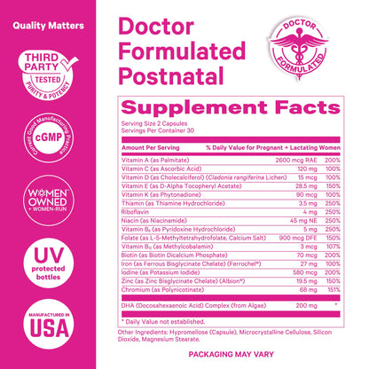 Pink Stork Total Postnatal Vitamins – Vegan DHA, Iron, Folate & B12 | 1 Month Supply