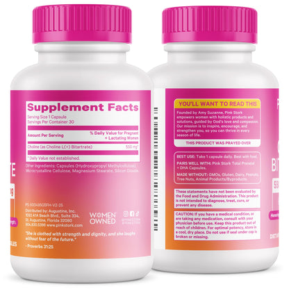 Pink Stork Choline - 550 mg Choline Bitartrate for Pregnancy & Postpartum | 30 Count