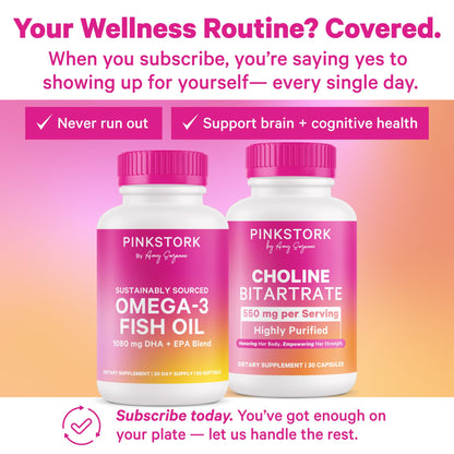 Pink Stork Choline - 550 mg Choline Bitartrate for Pregnancy & Postpartum | 30 Count
