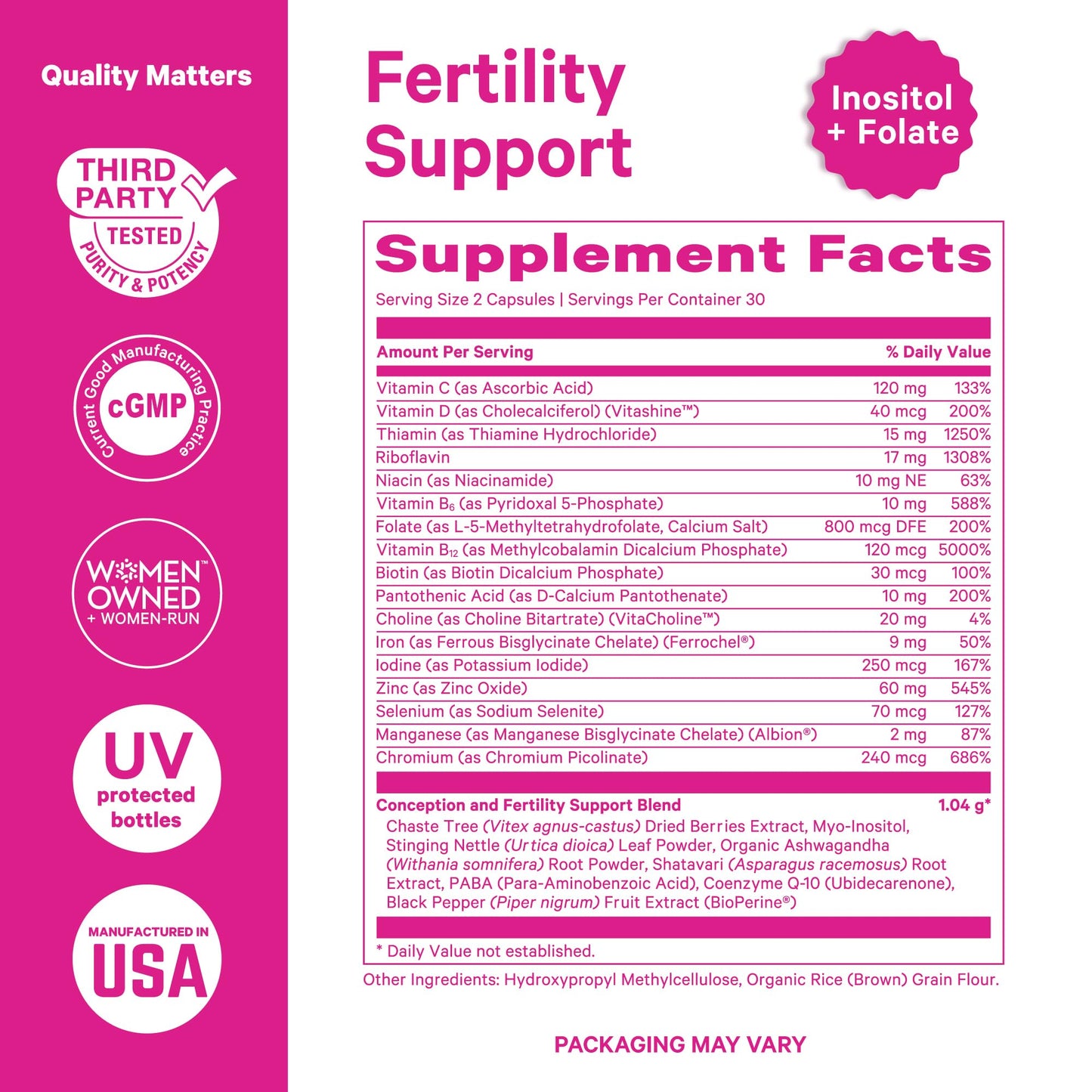 Pink Stork Fertility Supplements for Women | 2-in-1 Conception Support with Inositol, Vitex & Vitamins | Cycle Regularity, Hormone Balance & Reproductive Wellness | 60 Capsules